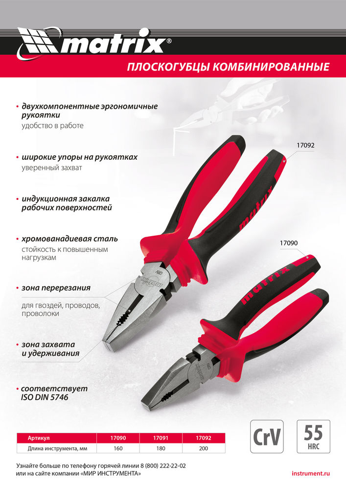 Плоскогубцы комбинированные, 160 мм, хром-ванадий, двухкомпонентные рукоятки Matrix (17090)