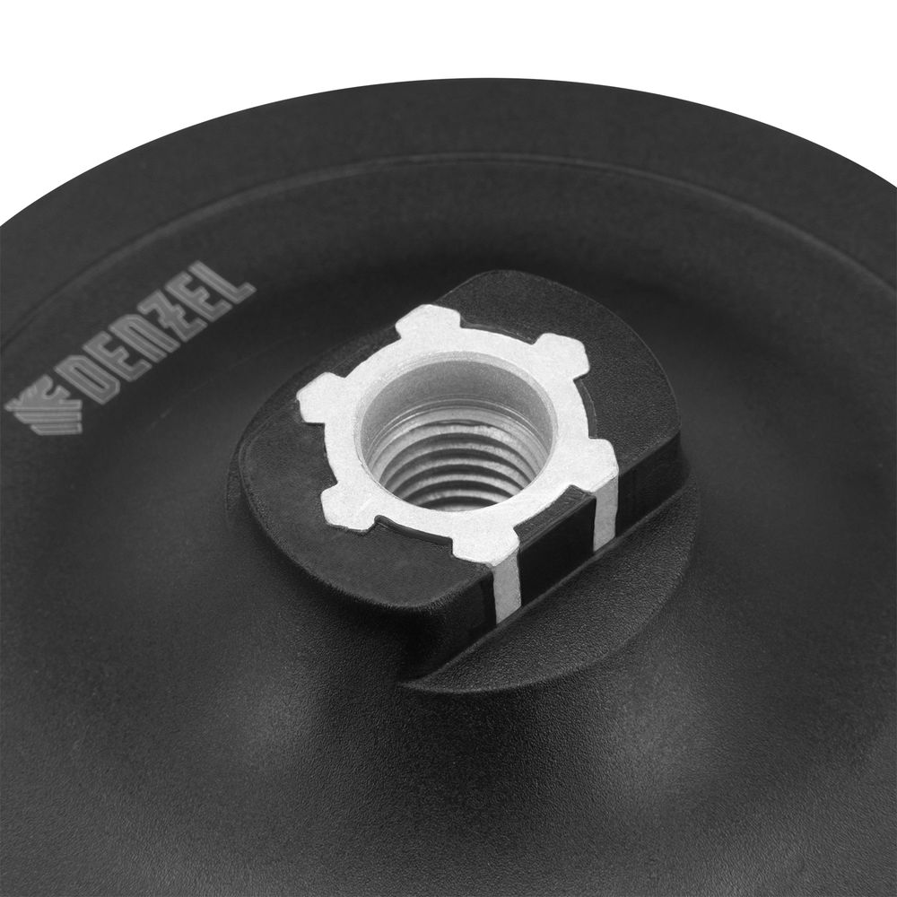 Тарелка опорная для дрели и УШМ с липучкой, 125 мм, стандартная, с адаптером c М14 на d8 Denzel (76251)