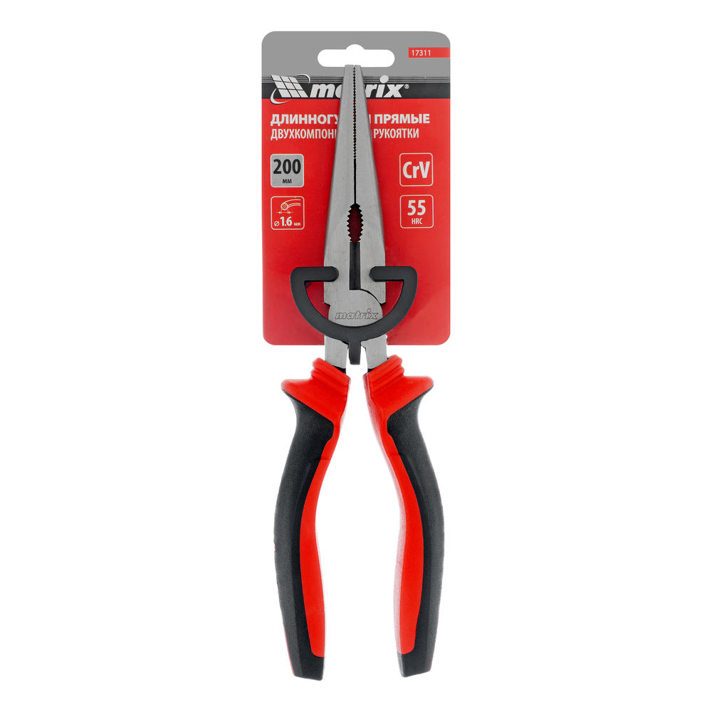 Длинногубцы прямые, 200 мм, хром-ванадий, двухкомпонентные рукоятки Matrix (17311)