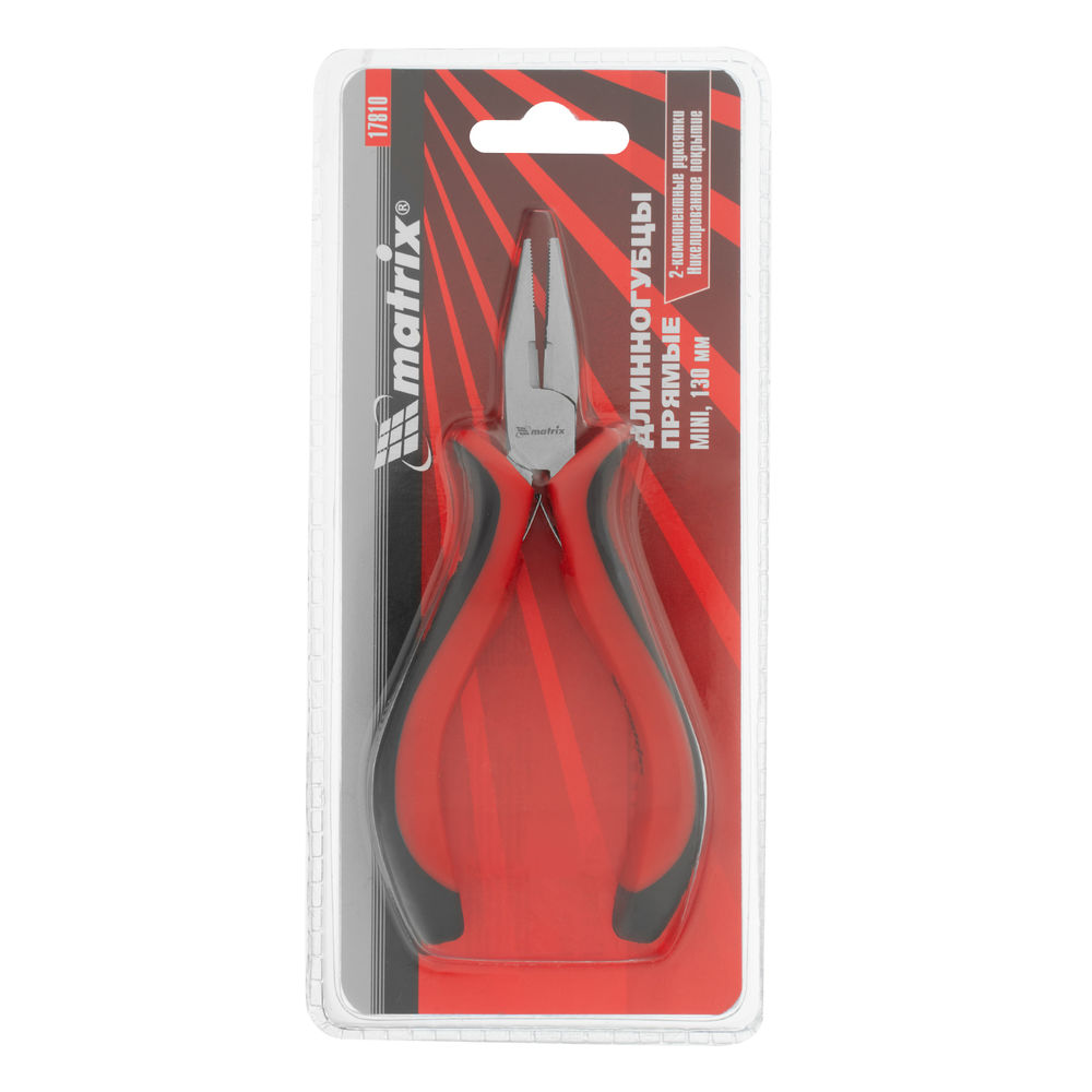 Длинногубцы прямые Mini, 130 мм, никелированные, авторазжим, двухкомпонентные рукоятки Matrix (17810)