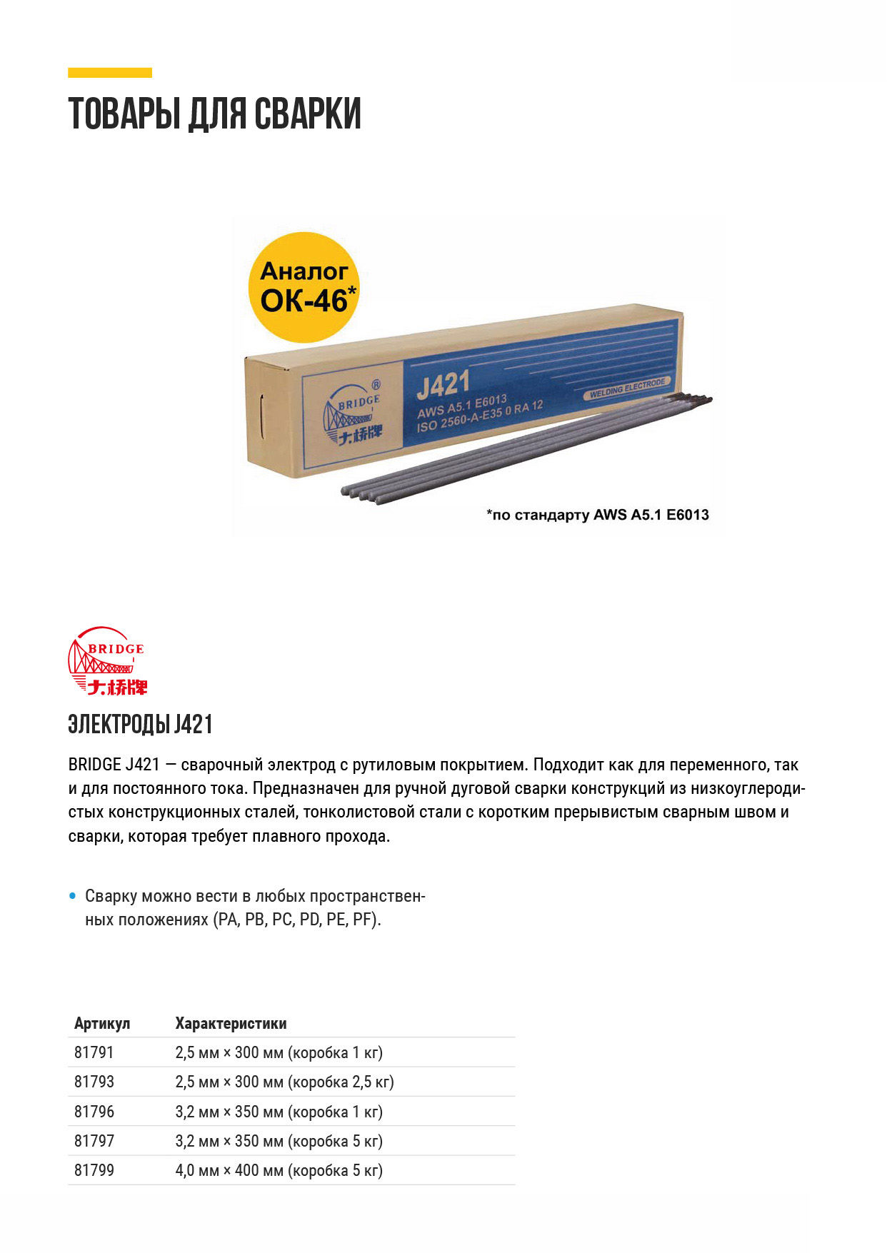 Электроды J421 Bridge (аналог ОК46) для низкоуглеродистых сталей 3,2 мм х 350 мм (коробка 1 кг) (81796)