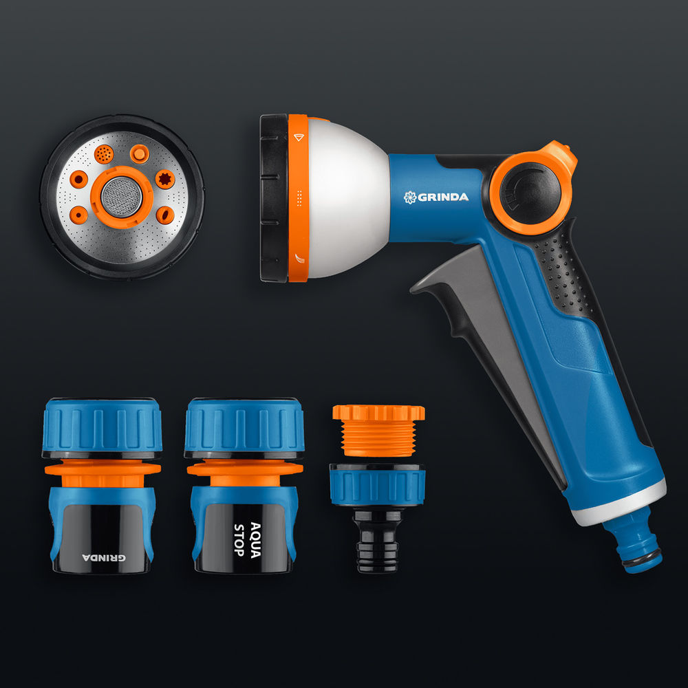 Набор поливочный Х-834, пистолет поливочный X-8, коннектор 3/4, конектор 3/4 с автостопом, адаптер с внутр. резьбой 1/2 х 3/4, PROLine GRINDA 429167