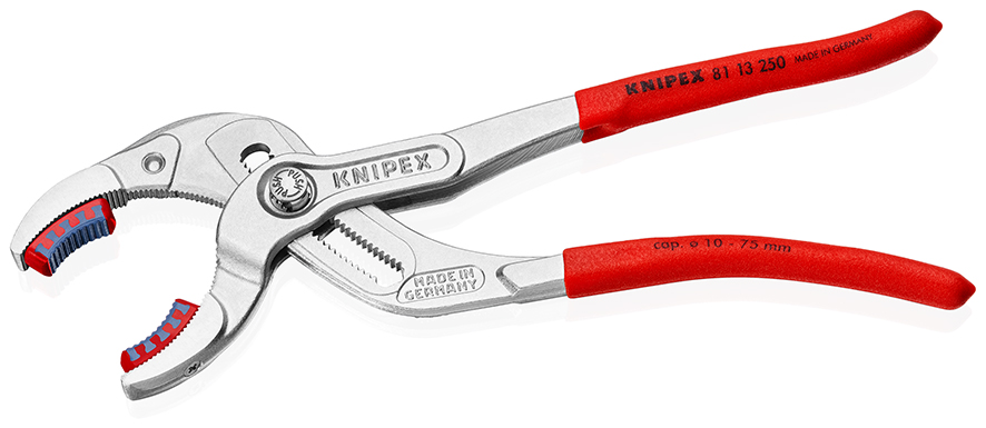 Клещи переставные трубные, зев 10-75 мм, длина 250 мм, пластиковые насадки на губках, хром (KN-8113250)