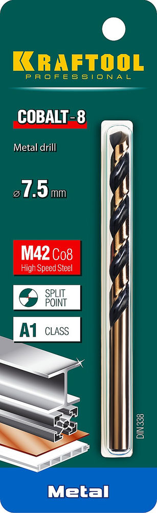 Сверло по металлу 7.5 х 109 мм сталь М42, HSS-Co(8%) COBALT-8 KRAFTOOL 29656-7.5