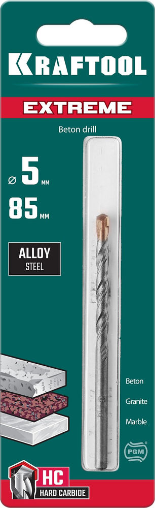 Сверло по бетону Extreme, 5 х 85 мм, цилиндр. хвостовик KRAFTOOL 29166-085-05