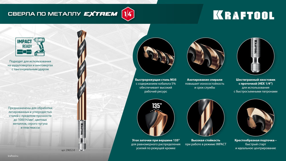 Сверло по металлу для винтовёртов и шуруповертов IMPACT READY НЕХ-1/4, d 4.5 х 87 мм KRAFTOOL 29652-4.5