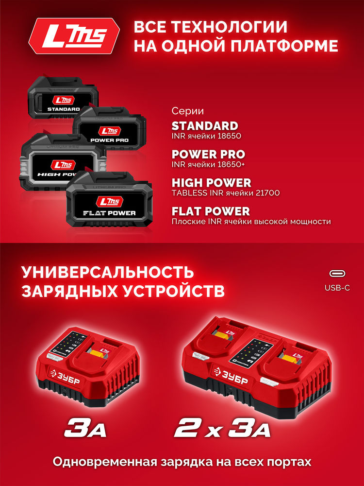 Зарядное устройство для LMS АКБ 20 В 1 порт 1?3 А ЗУБР БЗУ-20-1