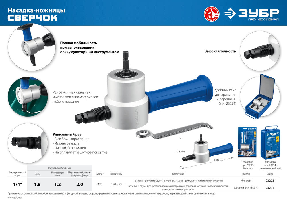 Насадка-ножницы для реза листового металла Сверчок Профессионал ЗУБР 23293