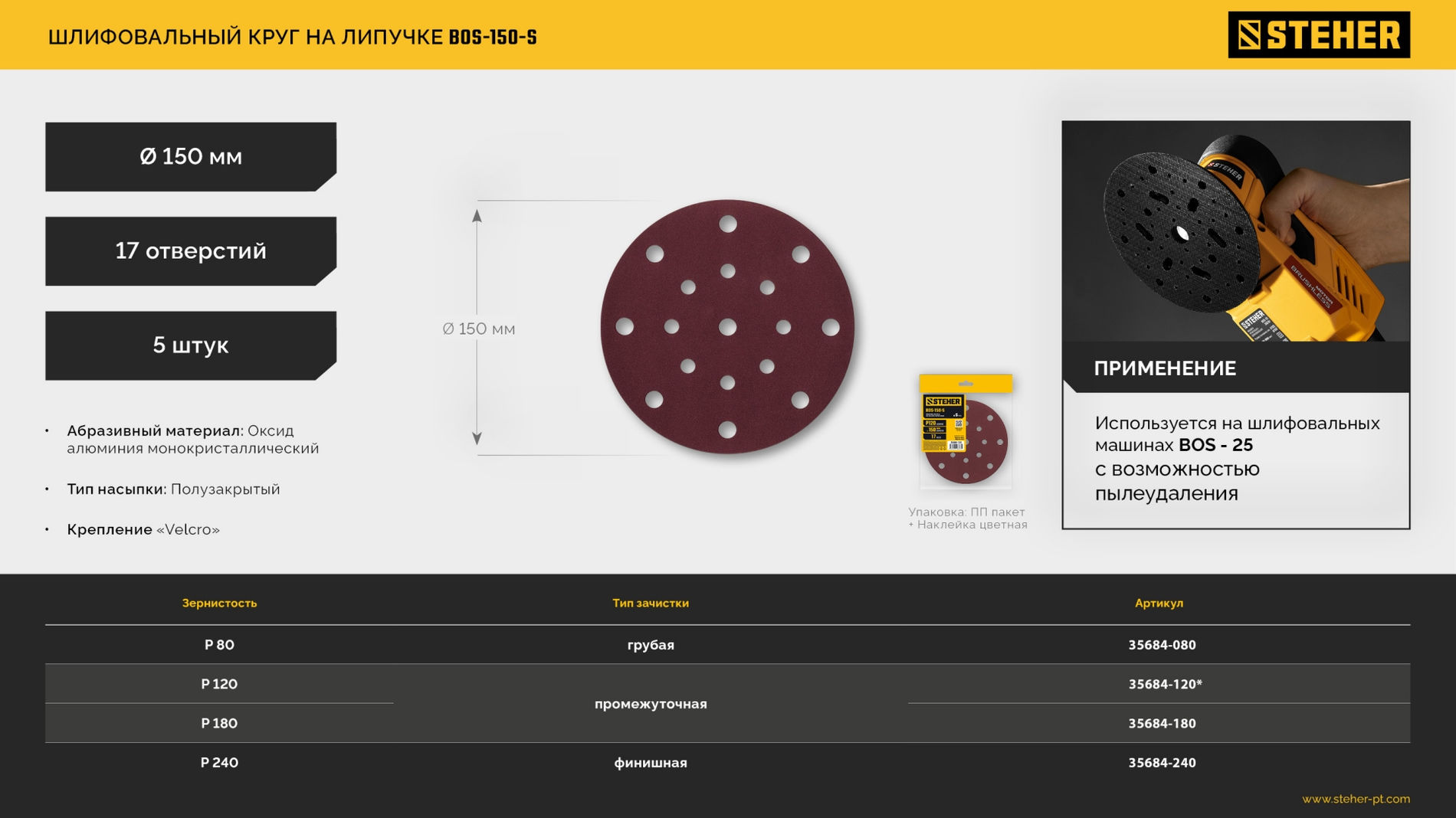 Круг шлифовальный на липучке STEHER BOS-150-S 150 мм Р80 17 отв. 5 шт. 35684-080  
