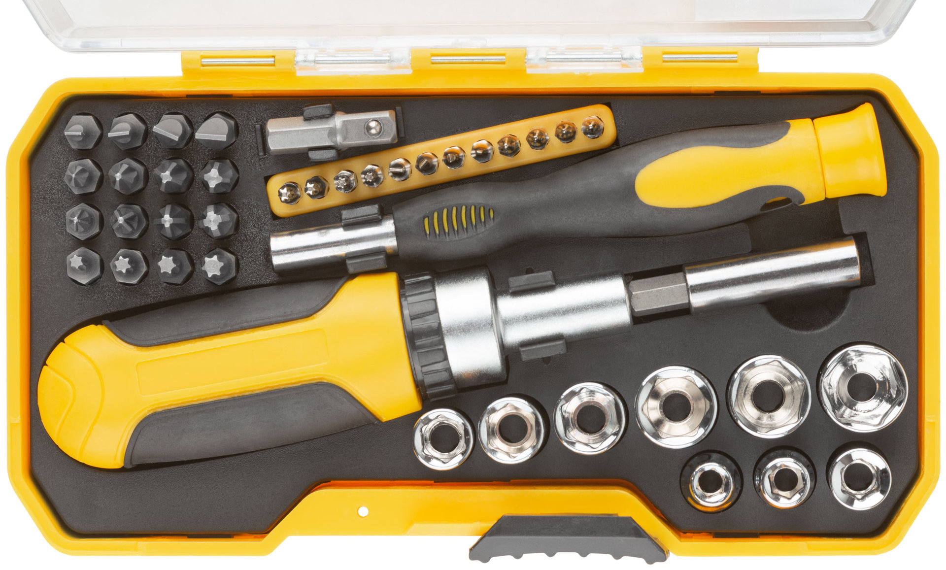 Отвертки реверсивная и для точных работ, набор 41 шт., пластиковый прорезиненный кейс (56385)