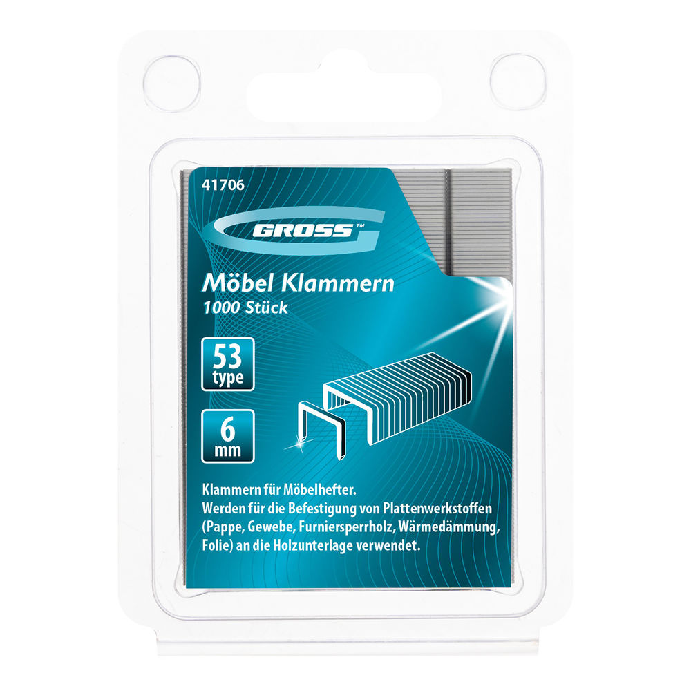 Скобы, 6 мм, для мебельного степлера усиленные, тип 53, 1000 шт Gross (41706)