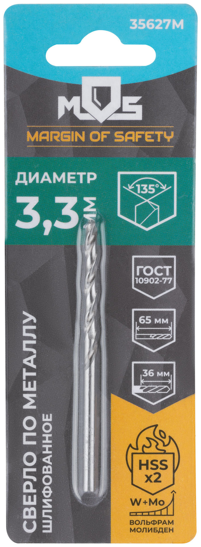 Сверло по металлу HSS шлифованное в блистере, угол заточки 135°, 3,3 x 65 мм (1 шт.) (35627М)