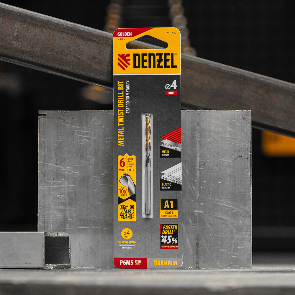 Сверло спиральное по металлу 4 x 75мм, Р6М5, Golden Tip, многогранная заточка Denzel (718272)