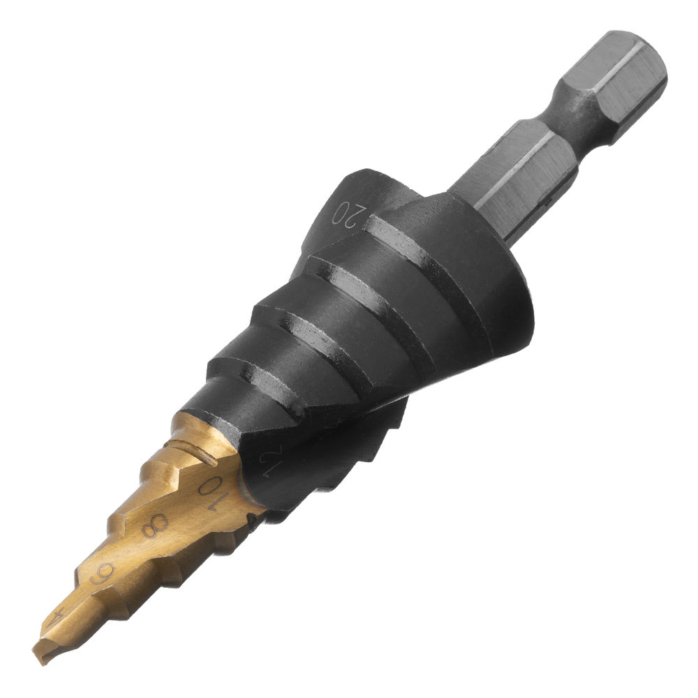 Сверло ступенчатое 4-6-8-10-12-14-16-18-20 мм, Р6М5, 6-гр. хвостовик Denzel (723603)