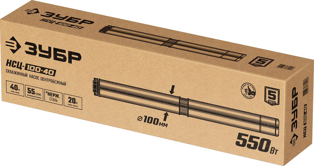 Насос скважинный центробежный 550 Вт, 40 м напор, корпус из нержавеющей стали ЗУБР НСЦ-100-40