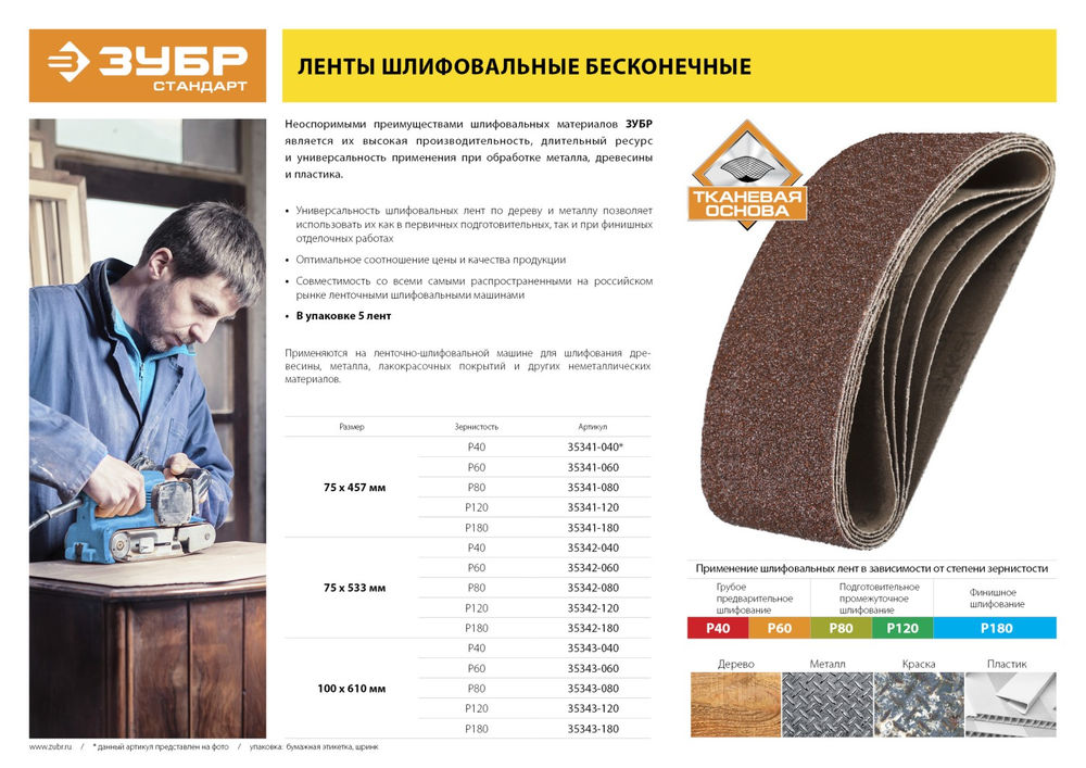 Лента шлифовальная 75х457 мм, P180, для ЛШМ, 5 шт, серия СТАНДАРТ ЗУБР 35341-180