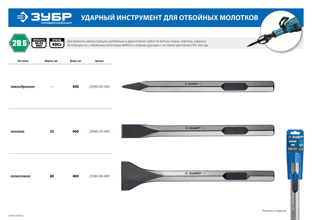 Зубило плоское 35 x 400 мм HEX 28 ЗУБР БУРАН 29380-35-400