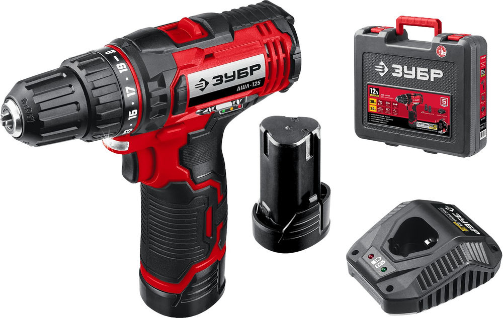 Дрель-шуруповерт 12 В 30 Н·м 2 АКБ 2 А·ч кейс ЗУБР С1-12 ДШЛ-125-22
