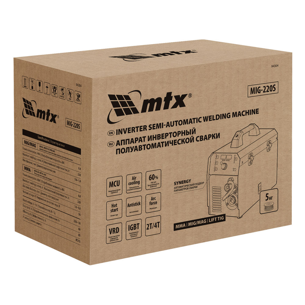 Аппарат инвертор. полуавтомат. cварки MIG-220S, 220A, ПВ 60%, катушка 5 кг MTX (94304)