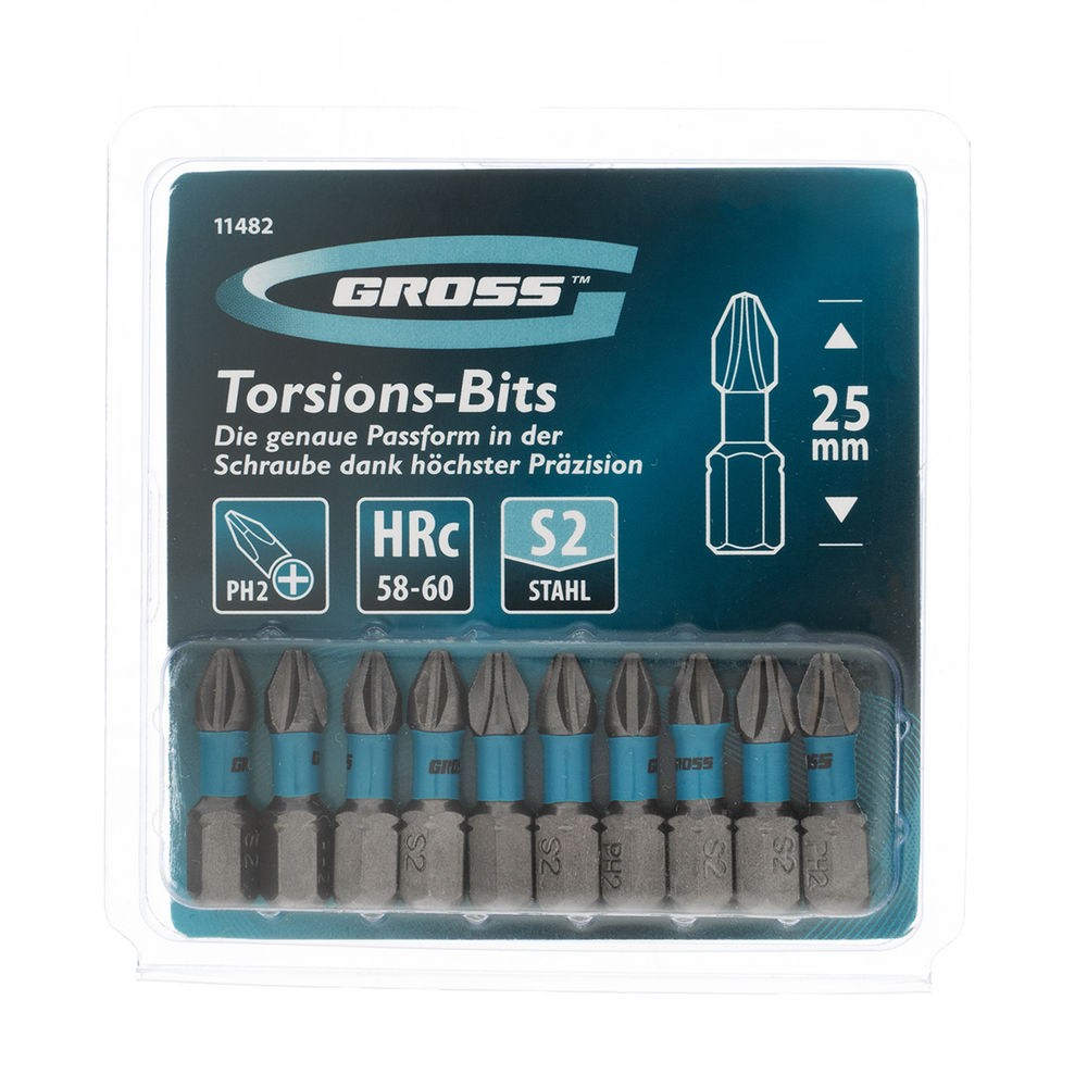 Бита торсионная PH2 x 25 мм, для ударных шуруповертов, 10 шт. Gross (11482)