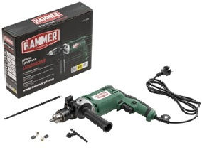 Дрель ударная 950 Вт, 0-3000 об/мин, ключевой патрон 13 мм, 2,3 кг, резиновые вставки, металлический корпус редуктора, коробка HAMMER 86900