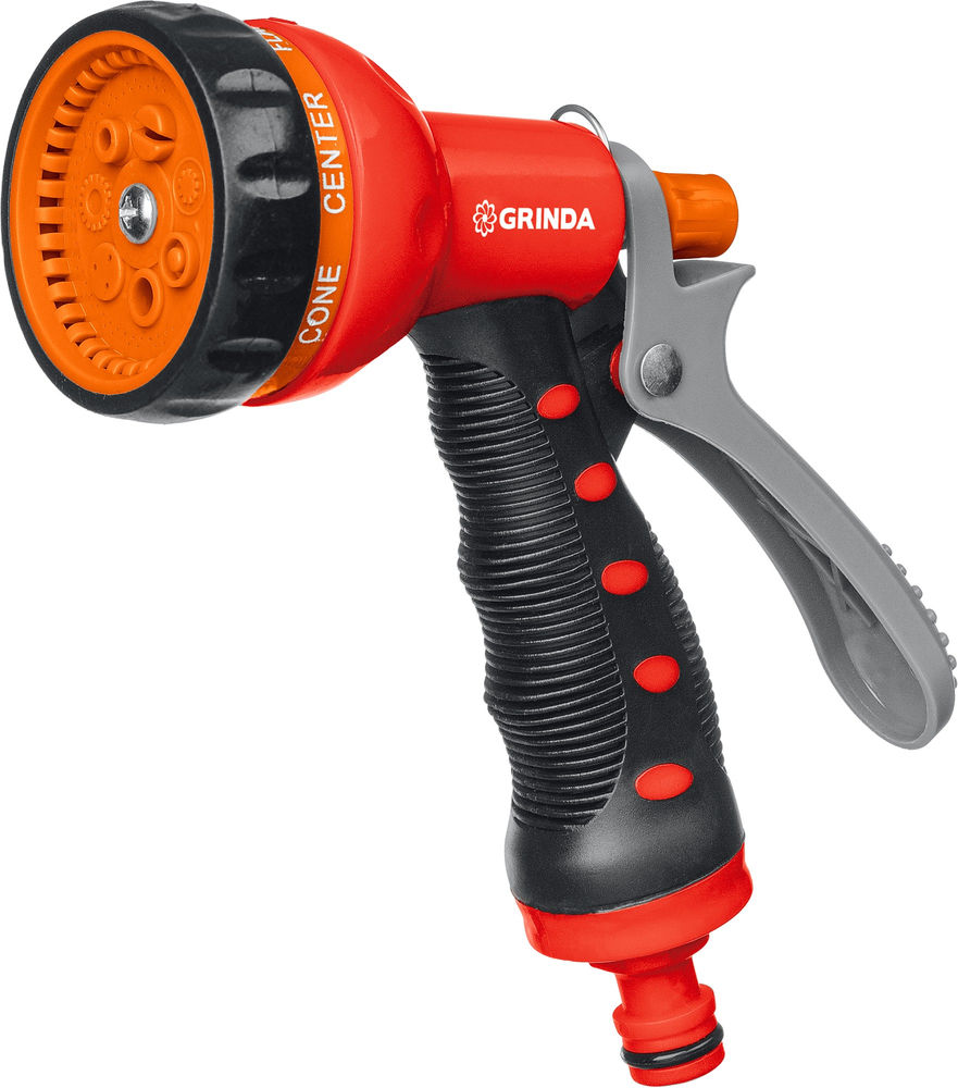 Поливочный пистолет T-7, 7 режимов, курок сзади, пластиковый с TPR GRINDA 8-427185