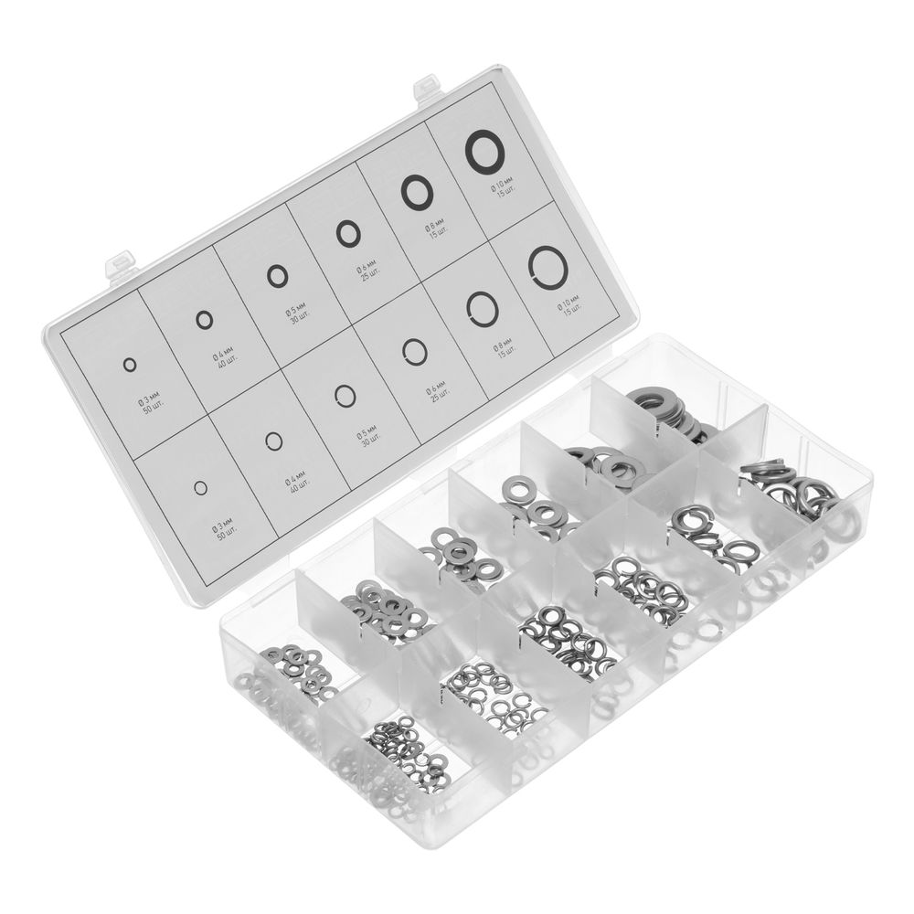 Набор шайб и гроверов, D шайб: 3, 4, 5, 6, 8, 10 мм D гроверов: 3, 4, 5, 6, 8, 10 мм, 350 предметов Сибртех (47614)