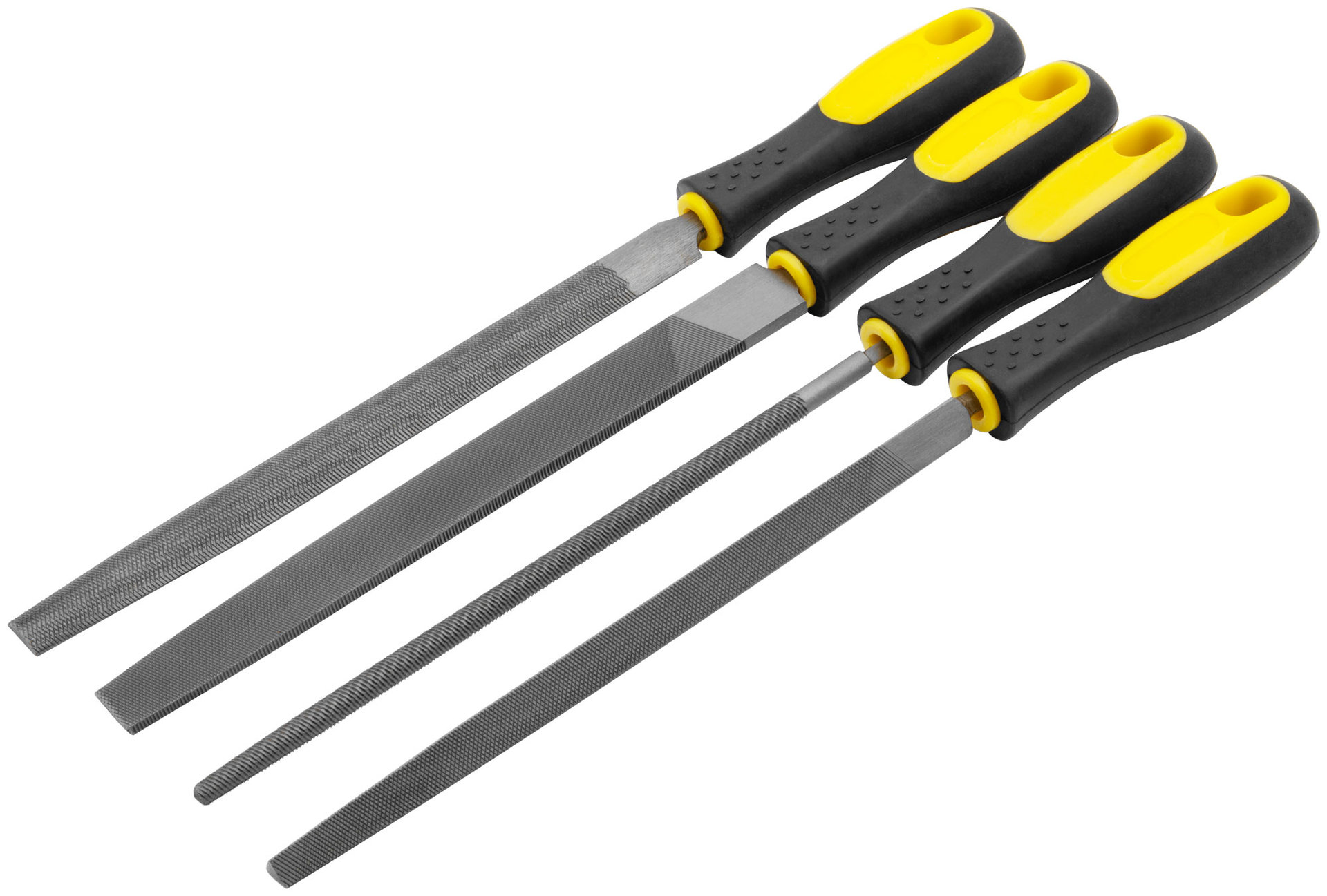 Напильники, прорезиненная ручка, набор 4 шт. (трехгранный, плоский, круглый, полукруглый ) 200 мм (42596)