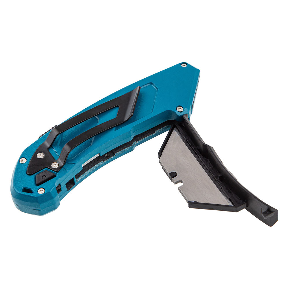 Нож, 130 мм, алюминиевый корпус, выдвижное трапециевидное лезвие 18 мм (SK-5) клипса для ремня, 4 лезвия Gross (78899)