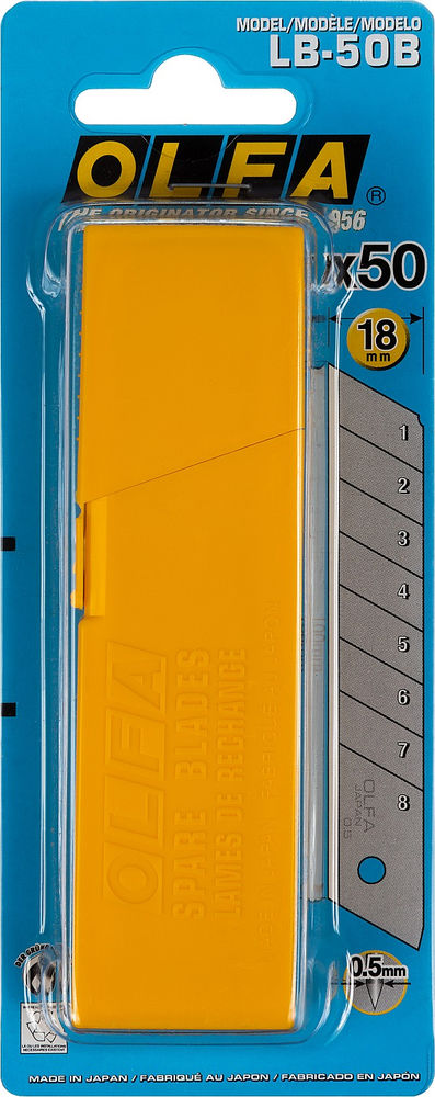 Сегментированные лезвия 18 мм, 50 шт, в пластиковом кейсе + блистер OLFA OL-LB-50B