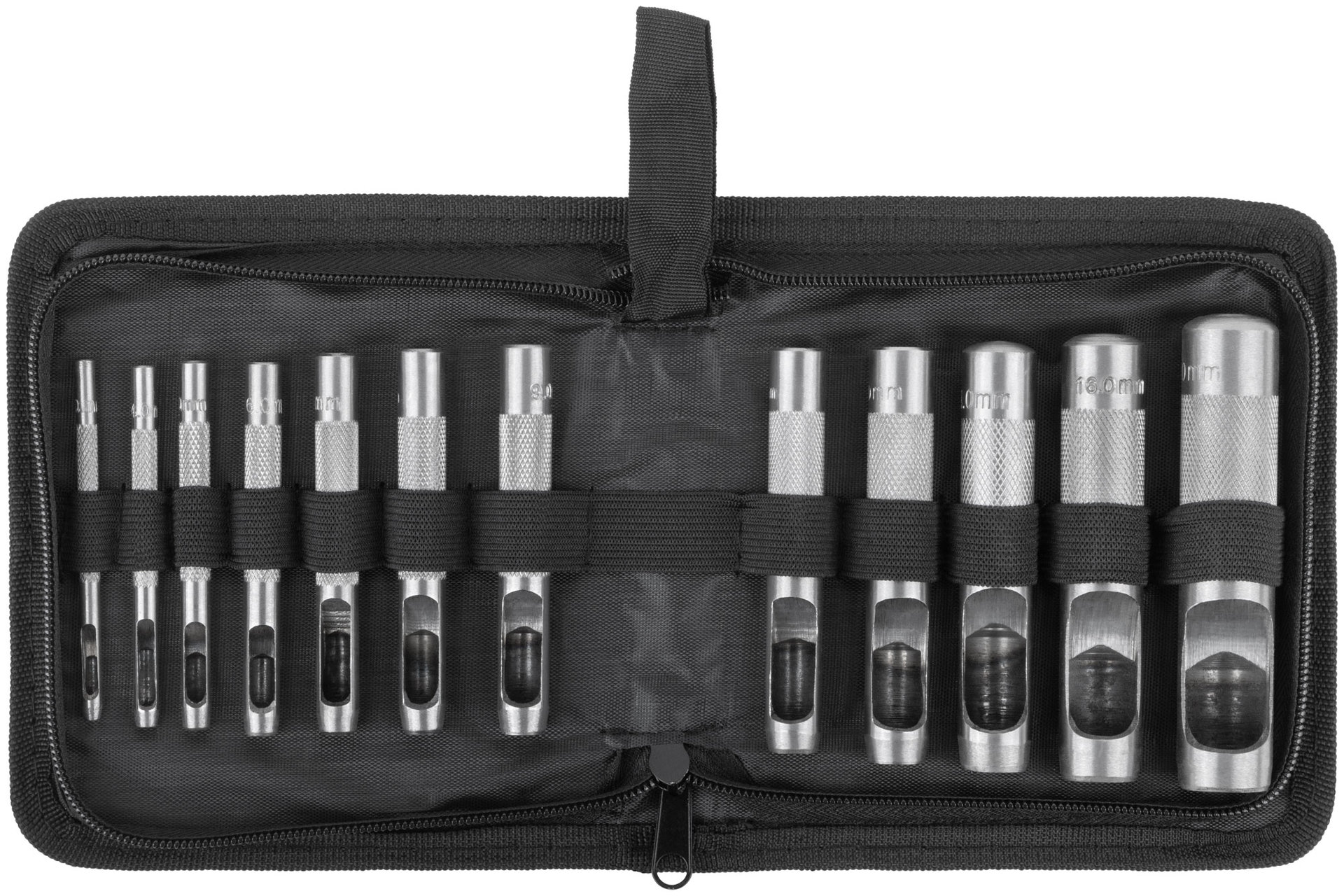 Пробойники для кожи, набор 12 шт. (отверстия 3-4-5-6-7-8-9-10-12-14-16-19 мм ) (67429)