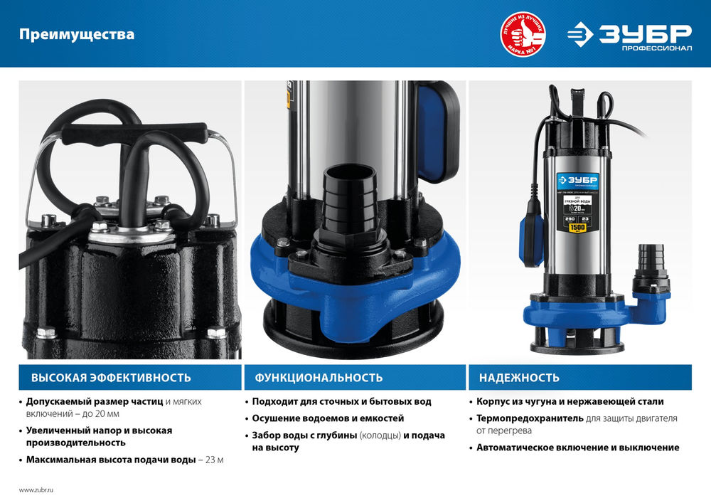 Насос дренажный с большим напором для грязной воды 1500 Вт ЗУБР Профессионал НПГ-Т5-1500