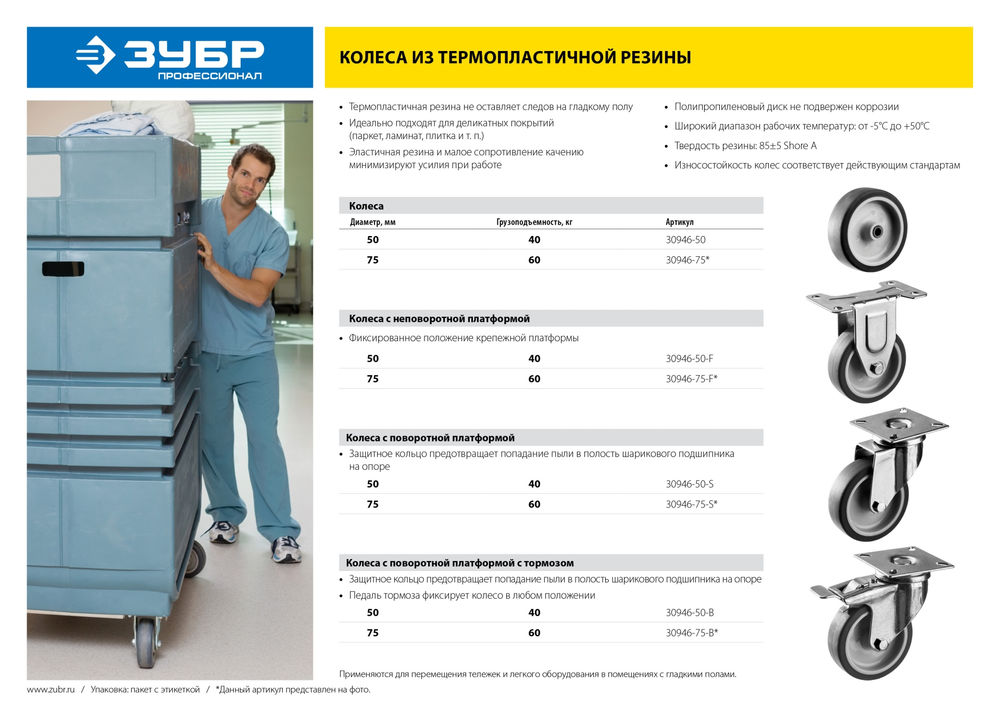 Колесо термопластичное d 75 мм, г/п 60 кг, резина/полипропилен ЗУБР Профессионал 30946-75