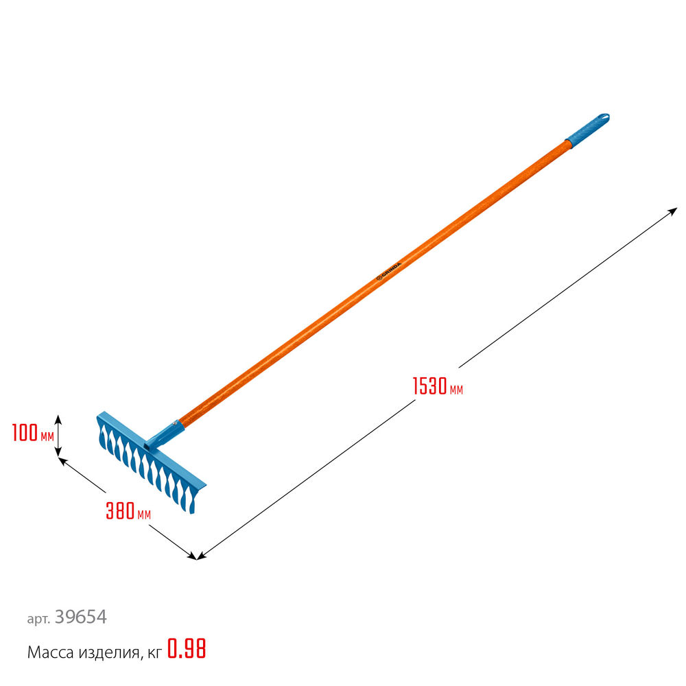Садовые грабли PR-12T FIBER, 380 х 100 х 1530 мм, 12 витых зубцов, углеродистая сталь, фибергласовый черенок, PROLine GRINDA 39654