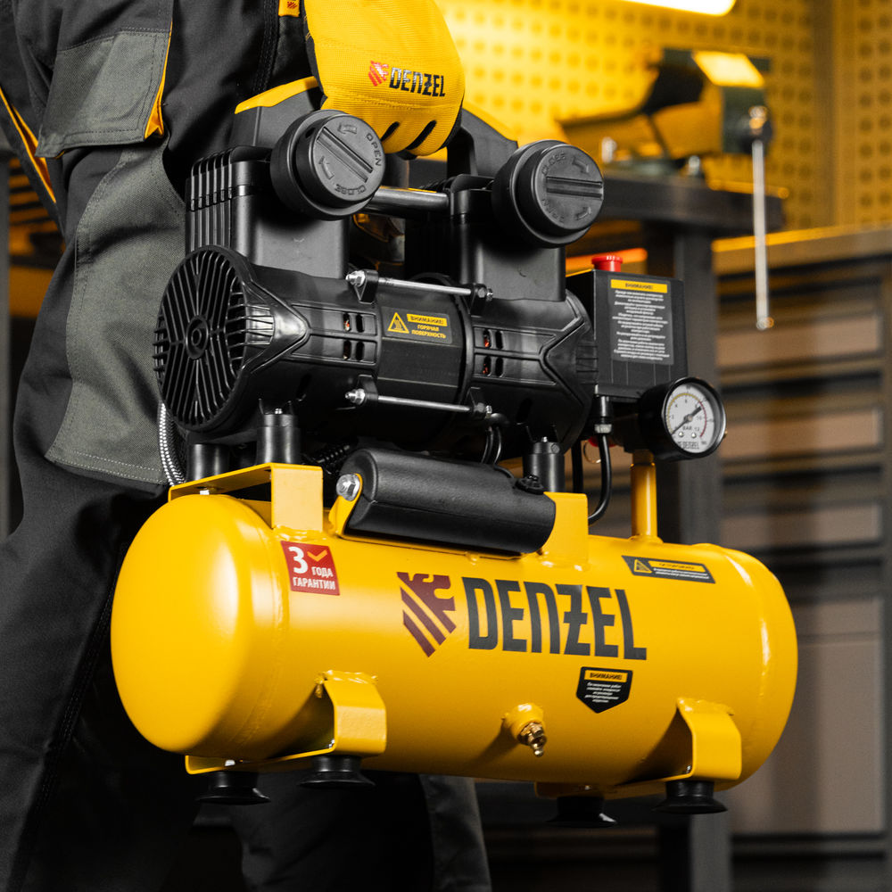 Компрессор безмасл. малошумный DLP-950/10, 950Вт,10 л, 2850 об/мин, 170 л/мин Denzel (58141)