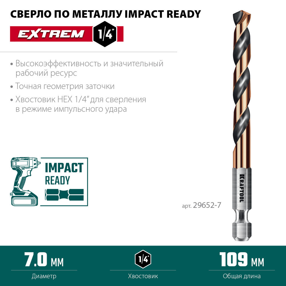 Сверло по металлу для винтовёртов и шуруповертов IMPACT READY НЕХ-1/4, d 7.0 х 109 мм KRAFTOOL 29652-7