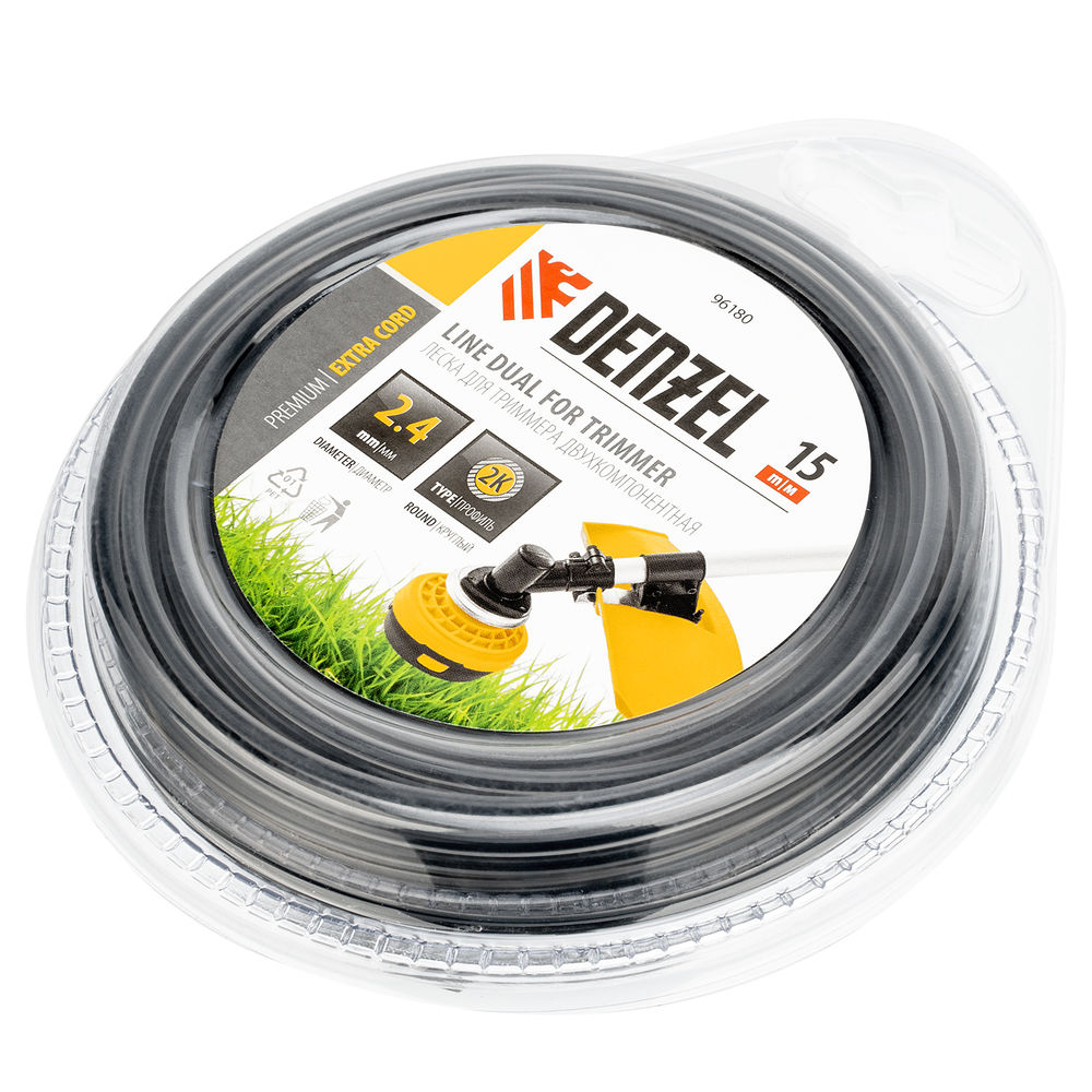 Леска двухкомпонентная для триммера, круглая, 2.4 мм х 15 м, EXTRA CORD Denzel (96180)