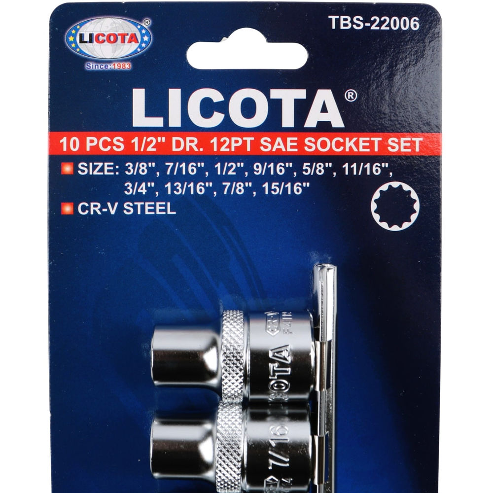 Набор торцевых головок 12-ти гранных 10 пр. на линейке, 3/8-15/16 1/2 Licota TBS-22006