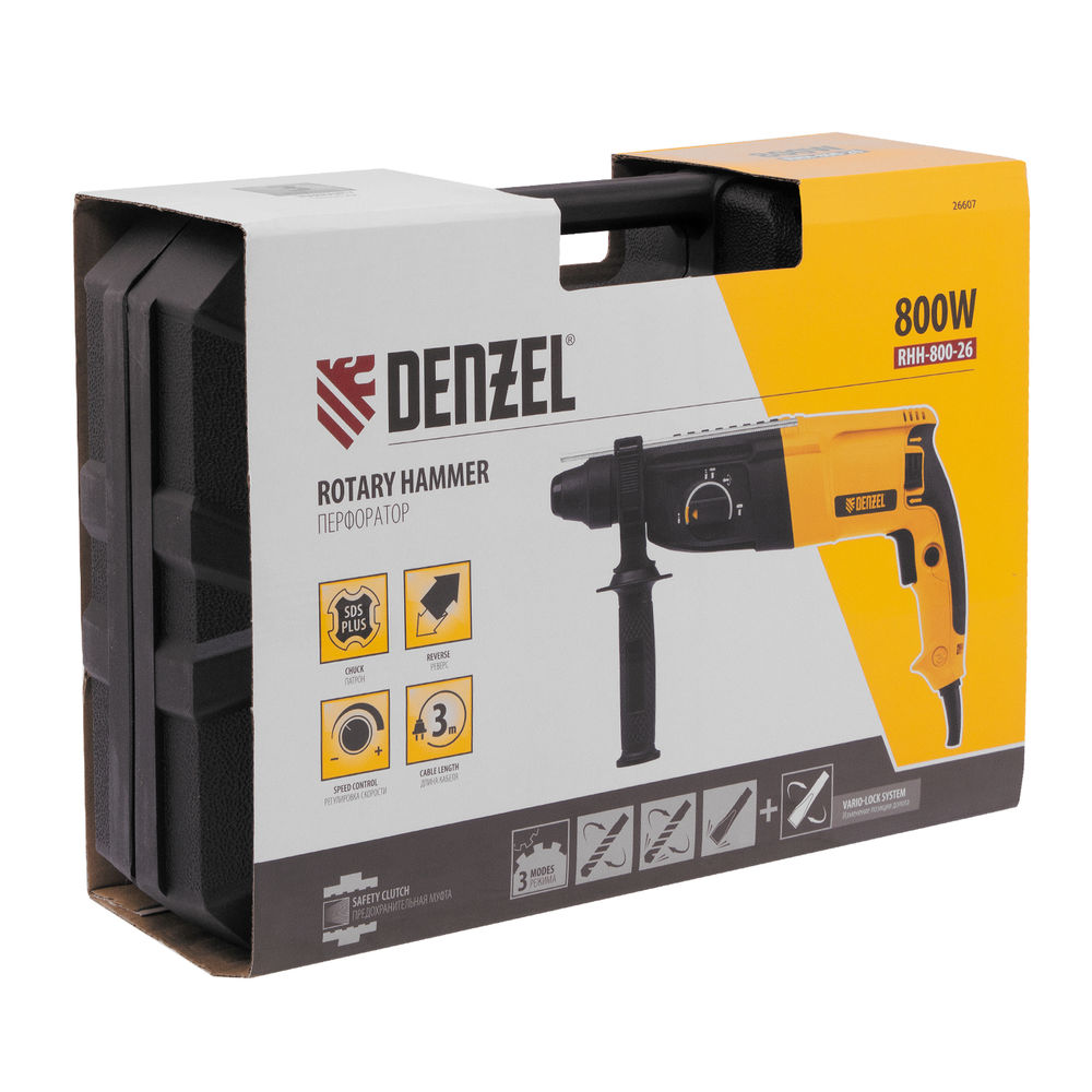 Перфоратор электрический RHH-800-26, SDS-plus, 800 Вт, 3 Дж, 3 плюс 1 реж. Denzel (26607)