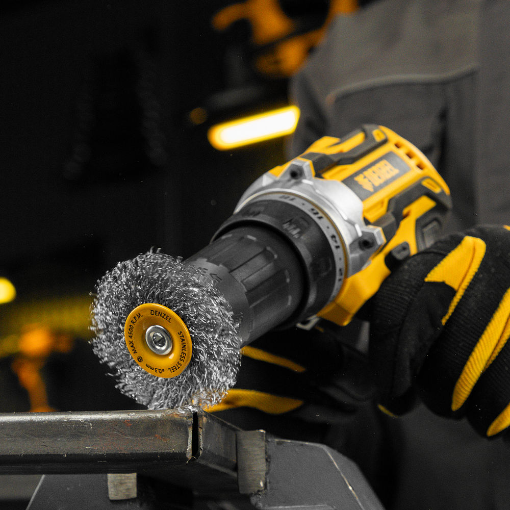 Щетка для дрели, 50 мм, Плоская, со шпилькой, нержавеющая витая проволока Denzel (744623)