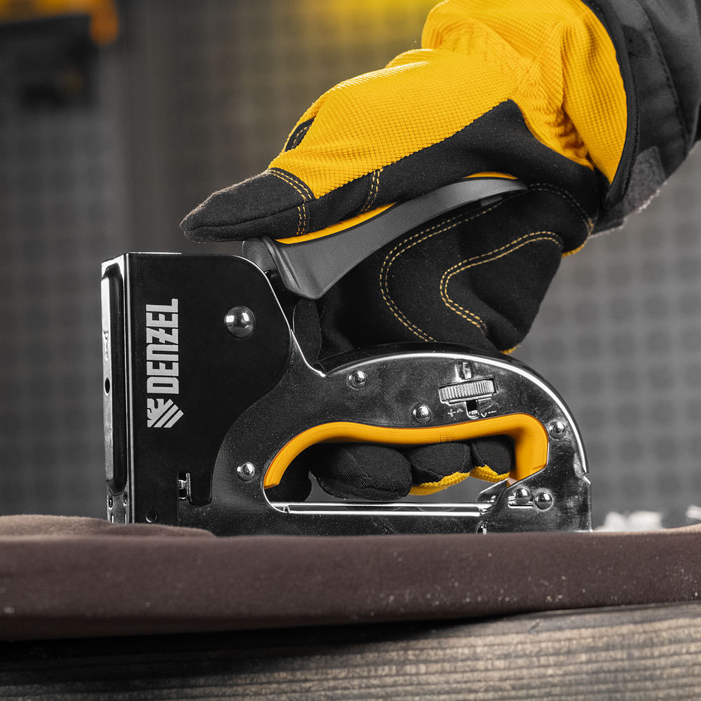 Степлер металл., скобы в комплекте, плавная регулировка удара, 2К рукоятка, тип 53, 4-14 мм Denzel (40223)