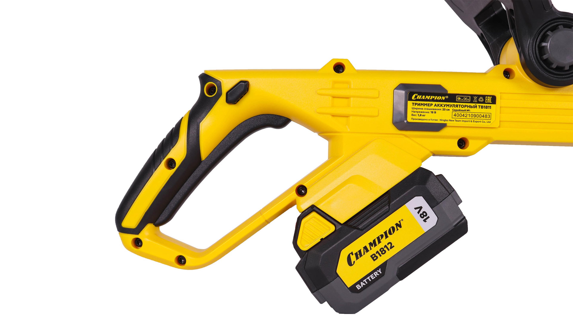 Триммер аккумуляторный CHAMPION TB1811 (18В4Ач Li-ion1,8кг50мин250мм1,8мм9000об/мин +АКБ( 2Ач)иЗУ) (TB1821)