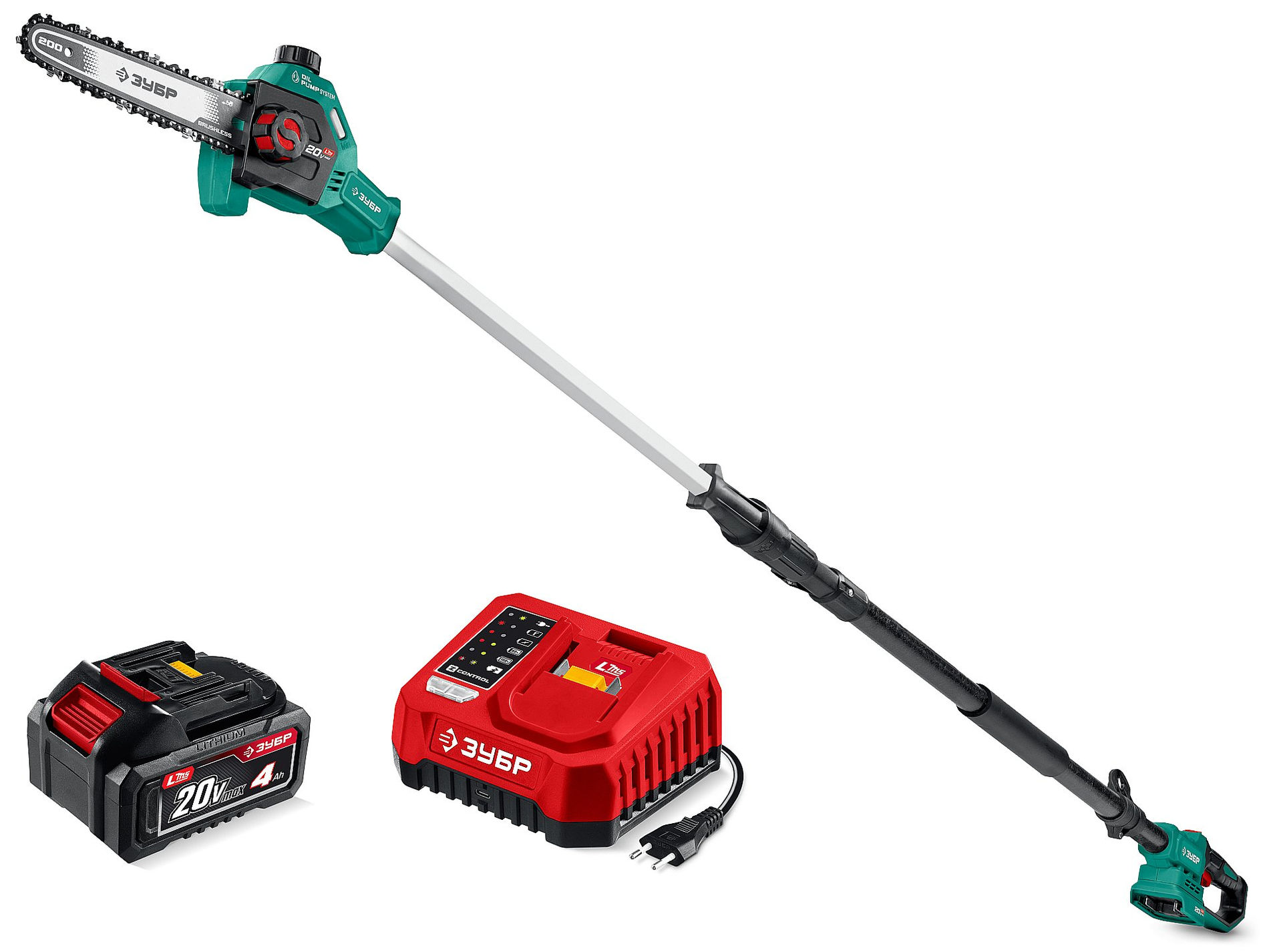 ЗУБР 20 В, 200 мм шина, 1 АКБ LMS (4 Ач), высоторез аккумуляторный (ВРБ-2020-41)