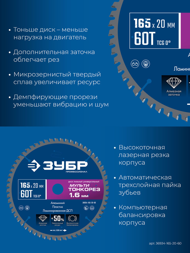 Диск пильный универсальный тонкий рез Мульти Тонкорез 165 х 20 х 1.6 мм, 60Т ЗУБР Профессионал 36934-165-20-60