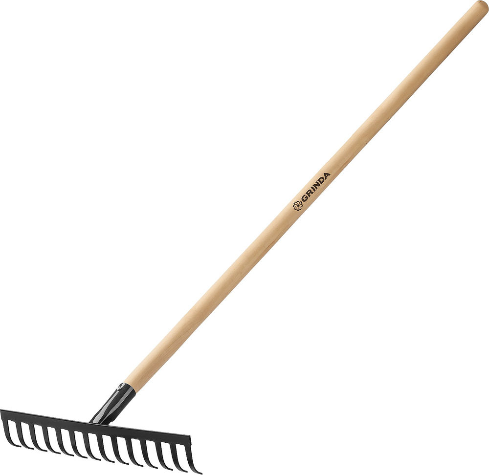 Садовые грабли GT-14 WOOD, 360 х 80 х 1300 мм, 14 прямых зубцов, углерод. сталь, антикор. покрытие, черенок дерев. высш. сорт GRINDA 39583-14