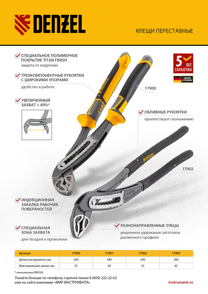 Клещи переставные, обливные рукоятки, 300 мм Denzel (17903)