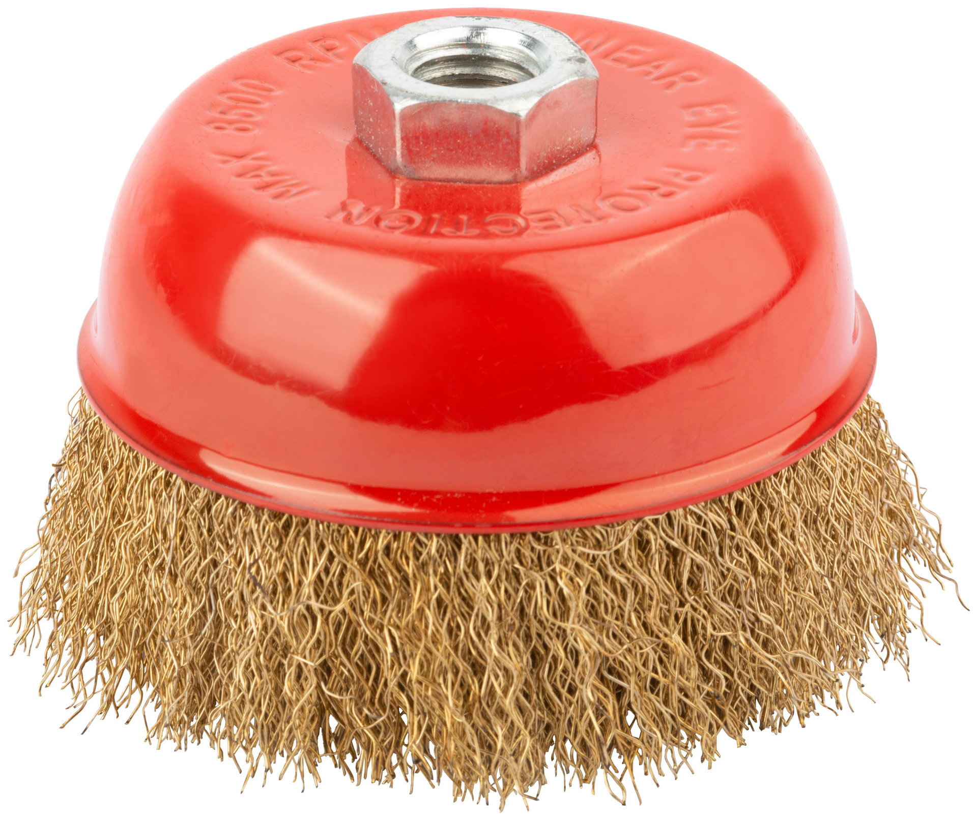 Корщетка чашечная, гайка М14, стальная латунированная волнистая проволока 100 мм (39038)