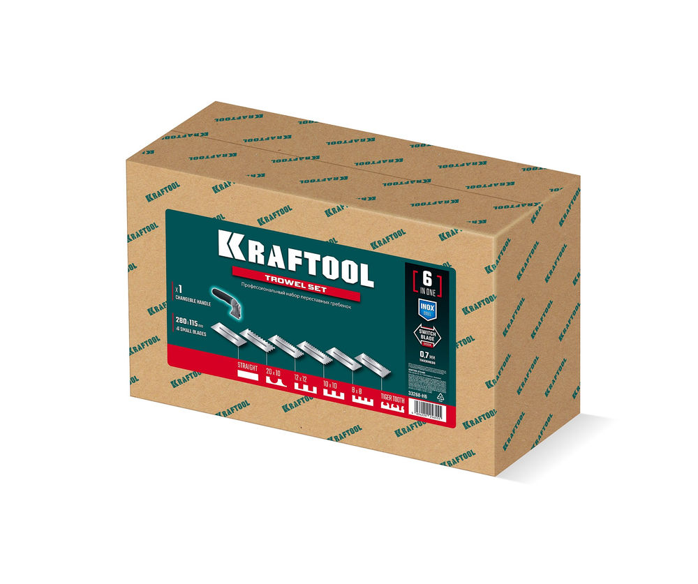 Набор нержавеющих гребенок (6шт) со сменной 2к ручкой, в пластиковом кейсе, 280х115 мм KRAFTOOL 33268-H6