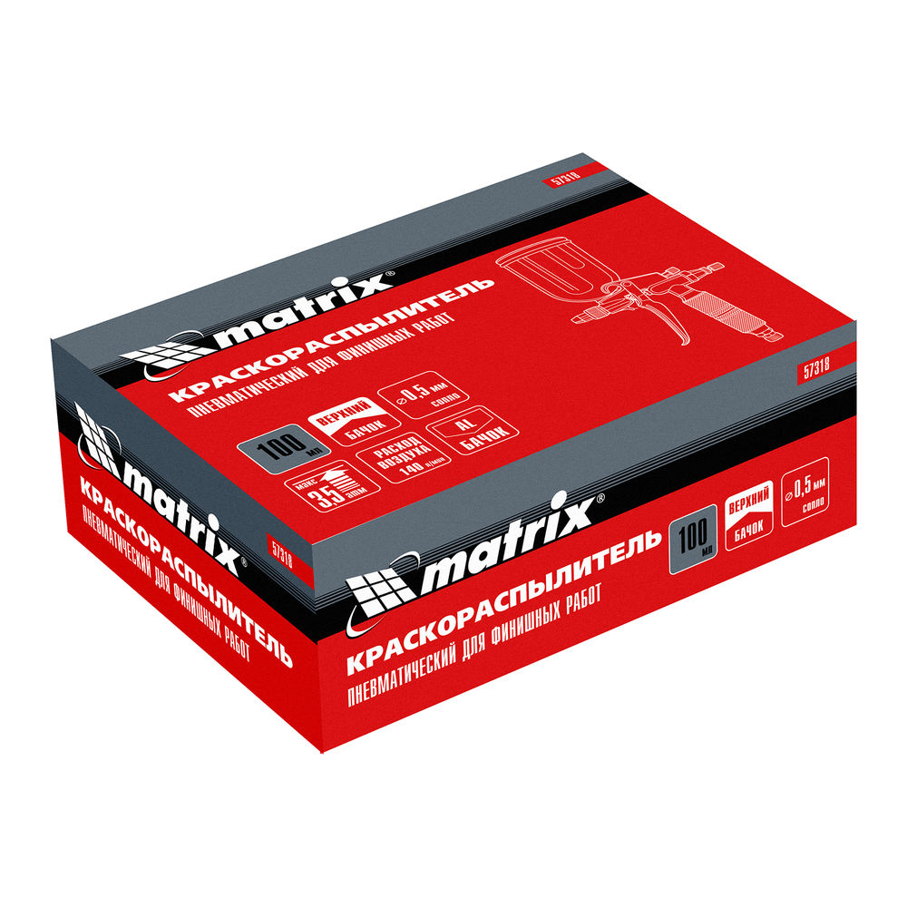 Краскораспылитель пневматический для финишных работ с верхним бачком V 0,1 л, сопло D 0.5 мм Matrix (57318)