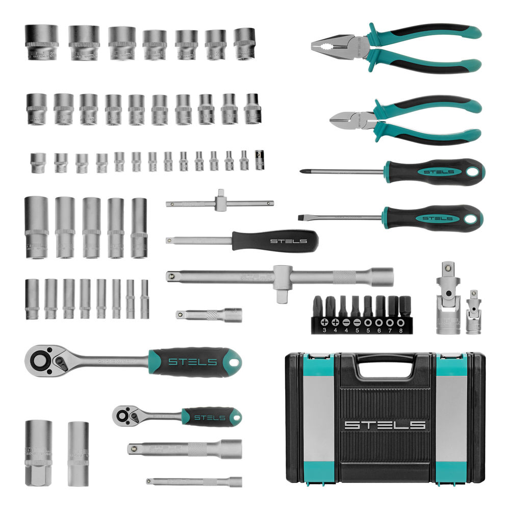 Набор инструментов, 1/2, 1/4, CrV, пластиковый кейс 69 предметов Stels